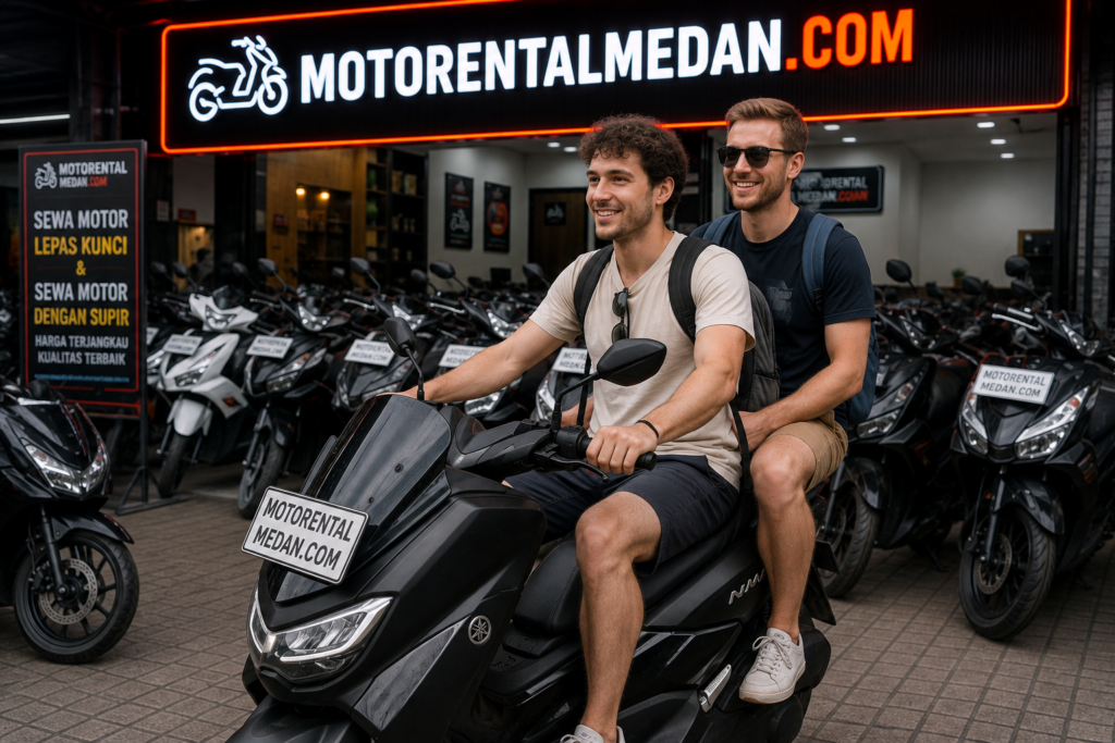 motorentalmedan pria dari perancis bersama temannya mengendarai motor sewa